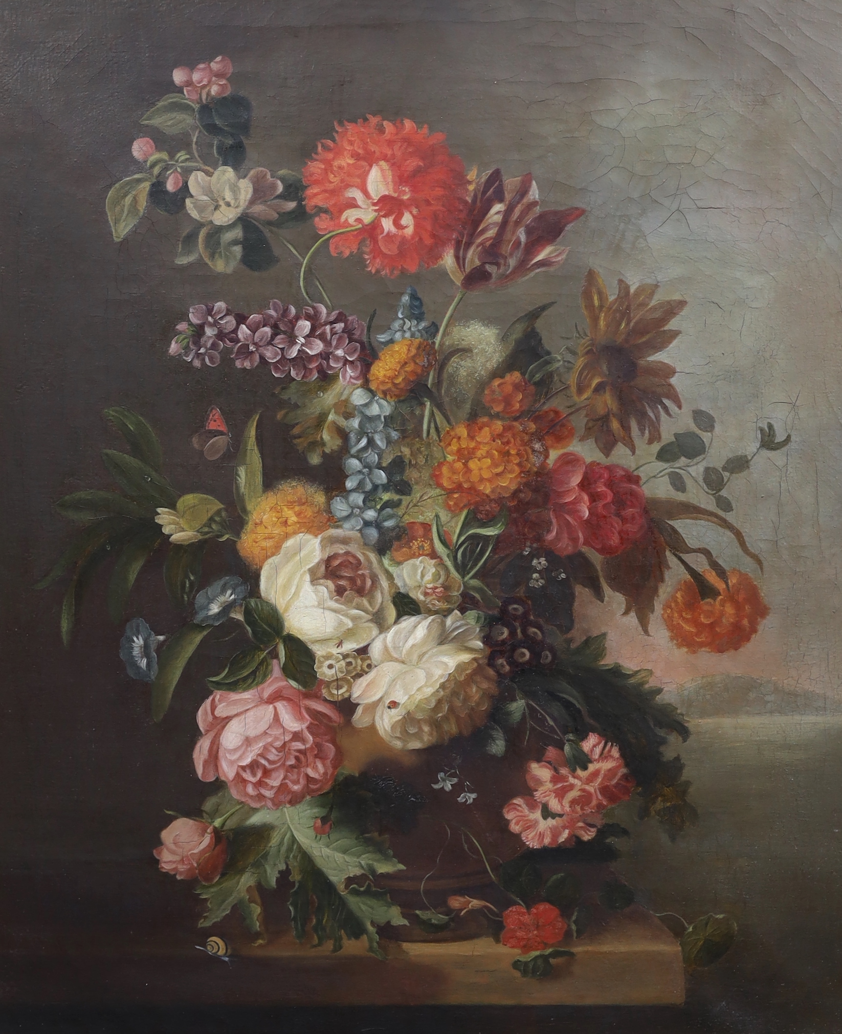 Dutch School c.1750, Still life of flowers in a vase upon a ledge, oil on canvas, 60 x 49cm